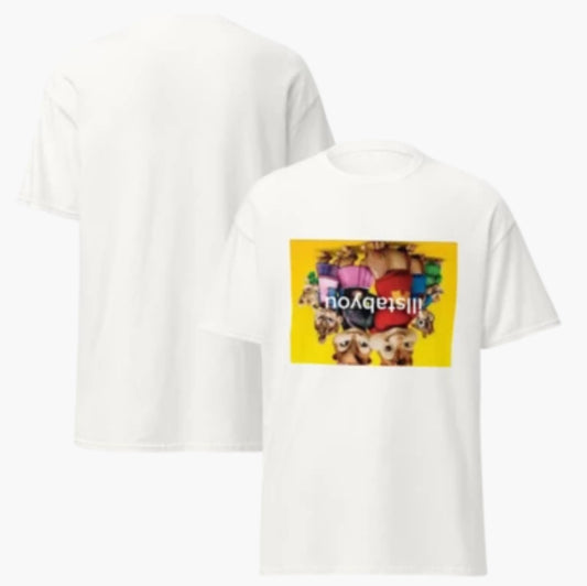 white tee upside down tho…